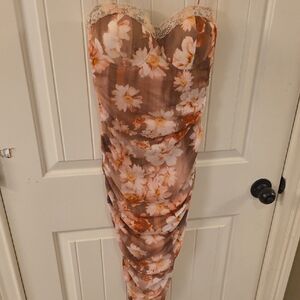 Windsor Strapless Floral Midi Dress in Brown and Cream